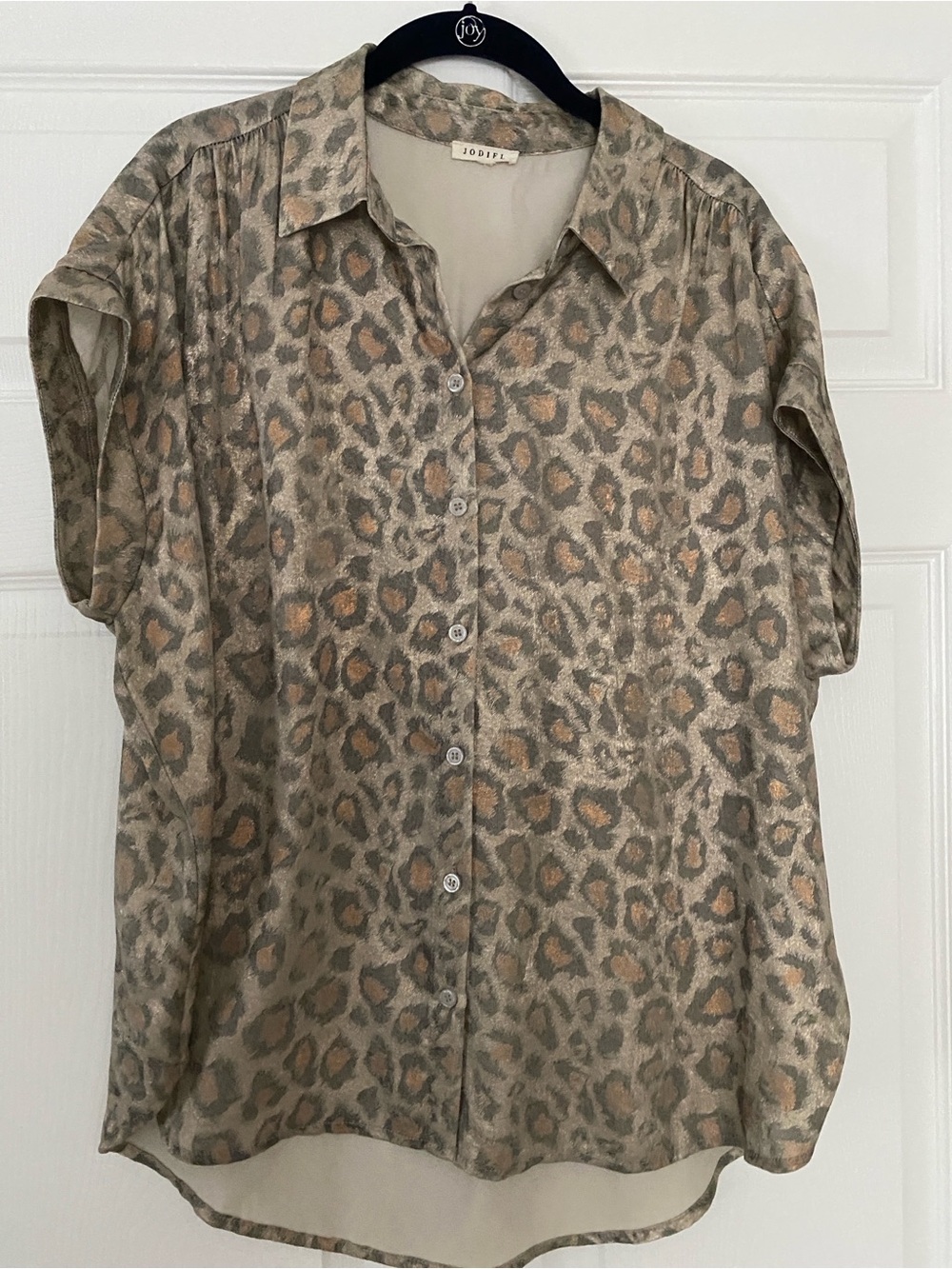 JODIFL Taupe and Tan Leopard Print Button Front Blouse